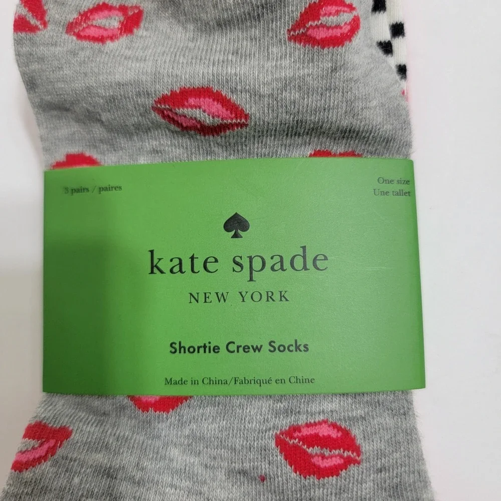 NEW Kate Spade New York Shortie‎ Crew Socks 3 Pairs Lips Kiss Stripes Polka Dots